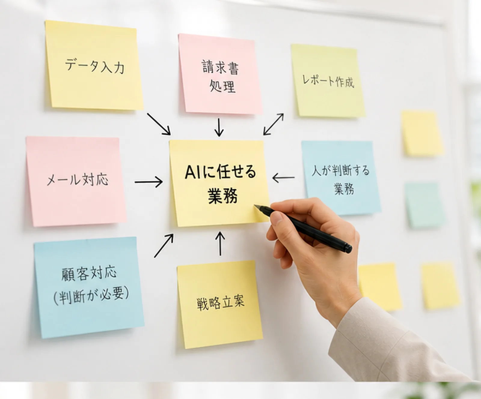 付箋を使ってAIに任せる業務と人が判断する業務を整理している様子