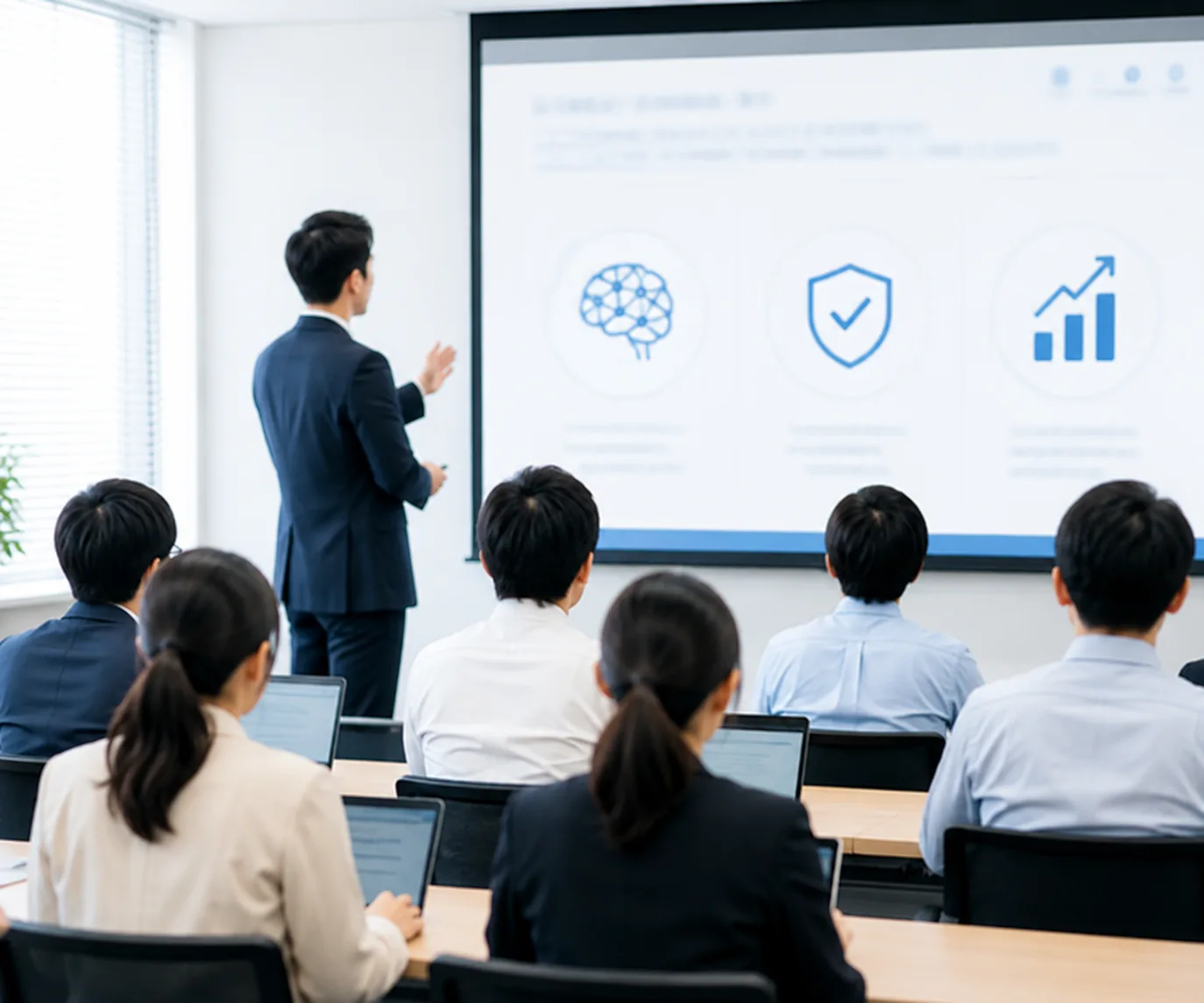 講師が社員へAI活用の基礎研修を行っている様子