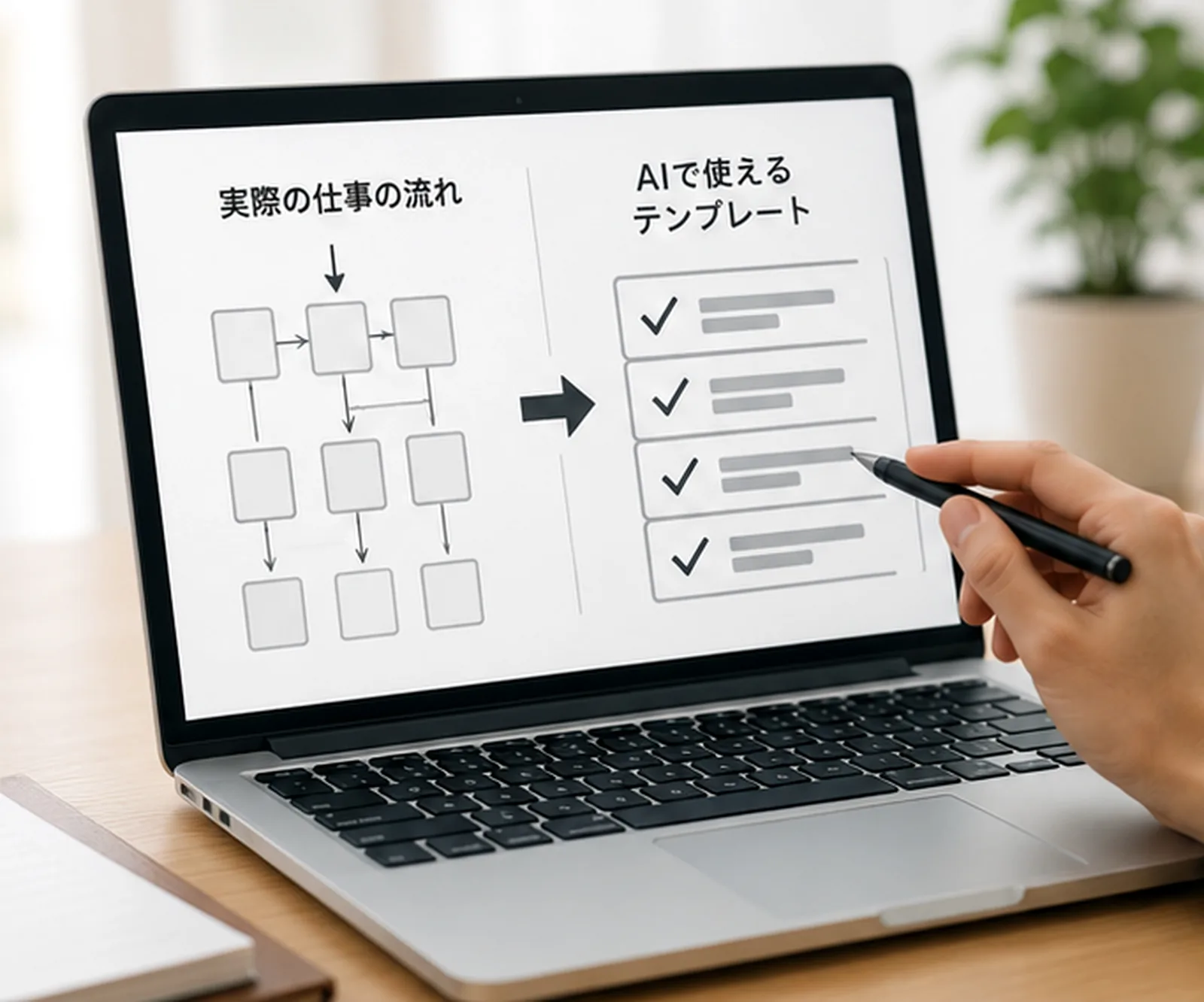 実際の仕事の流れをAIで使えるテンプレートへ変換している様子